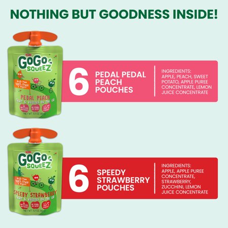 (12 Pack) GoGo Squeez Fruit & Veggiez Peach, Strawberry Pouch, 3.2 oz, 12 Pack