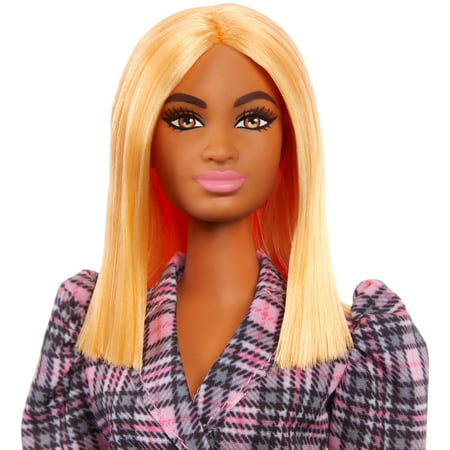 Barbie Fashionistas Doll #161, Curvy with Orange Hair Wearing Pink Plaid Dress & Black Boots