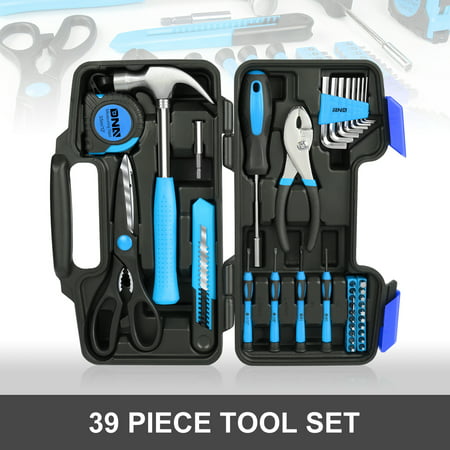 DNA Motoring TOOLS-00008 Blue 39 PCs Portable TooL Kit Household Hand Toolbox General Repair Screwdriver Pliers Hammer Hex Set, Blue