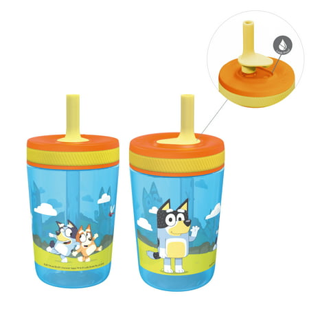 Zak Designs 15 oz Travel Straw Tumbler Plastic and Silicone with Leak-Proof Valve for Kids, 2-Pack BlueyBandit Healer and Chilli Heeler,