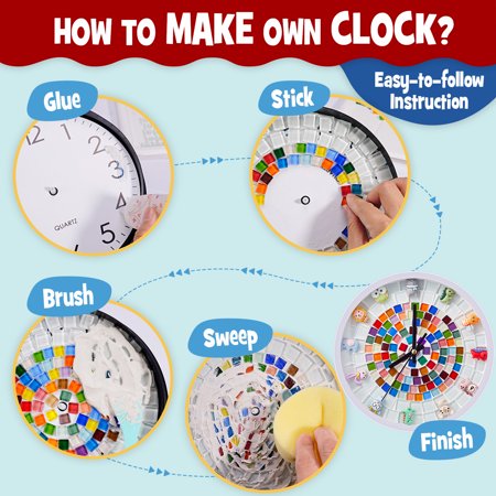 Mosaic Kids Wall Clock for Do It Yourself, DIY Silent Clock Kits for Bedroom Decor, Creativity Craft Kits for Kids, Arts and Crafts Supplies for Kid Age 6-12, Teen Girls Art Kit Gift