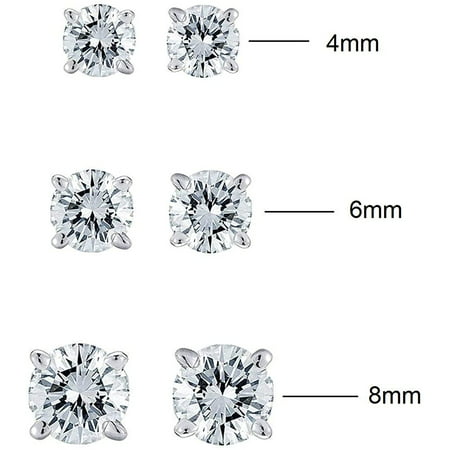 Savlano 3 Pair 14K Gold Plated Cubic Zirconia Round Cut Stud Earrings Comes In 4mm, 6mm & 8mm For Women, Girls & MenWhite Gold,