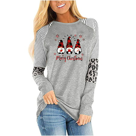 Christmas Long Sleeve Shirts for Women Merry Christmas Print T Shirt Xmas Leopard Tree T-shirt Holiday Graphic Tee Tops, Gray7, S