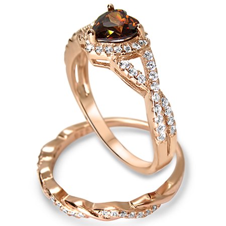 1 Carat Chocolate Diamond Heart CZ Wedding Ring Set 14K Gold Sterling Silver for Women Size 12