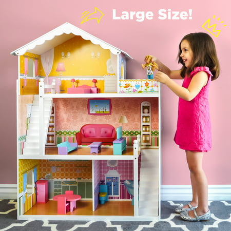 Best Choice Products 44in 3-Story Wood Dollhouse, Large Open Mansion w/ 5 Colorful Rooms, 17 Furniture Pieces