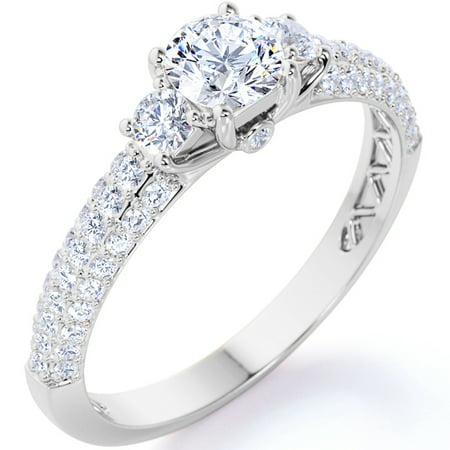 1.25 Carat Round Cut Moissanite Engagement Ring - Bridal Set - 3 Stone Ring - Trilogy Ring - Promise Ring - 18k White Gold Over Silver, 7