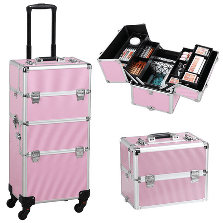 Topeakmart Rolling Aluminum 3-in-1 Cosmetic Case Trolley Makeup Beauty Box Case, PinkPink,