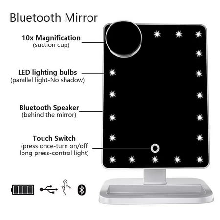 Monkemon 10x Magnifying Lighted Makeup Mirror, Touch Screen Wireless Audio Speaker, Natural Daylight LED Light, Cosmetic Mirror for Home, Bathroom, Vanity, and Travel, White