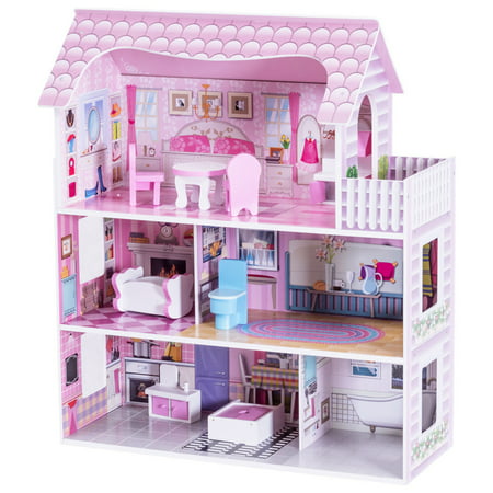 Gymax Young Girls Pink Dollhouse, 8 Pieces