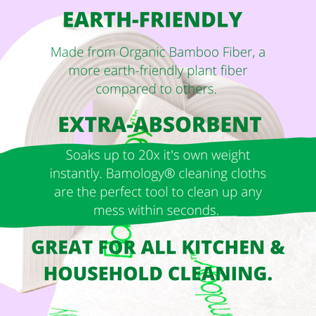 Bamology? Cleaning Cloths for Kitchen and Household Use, Extra Absorbent, Earth Friendly Bamboo Wipes- 3-PACK - 15" x 15", Countertop Cleaning Wipes, Microfiber cloths