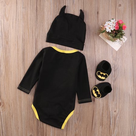 3 Pcs Newborn Infant Baby boy Clothes Super Hero Romper + Cartoon Animal Shape Hat + Shoes Halloween Outfit Set, Long Sleeve, 12-18 Months