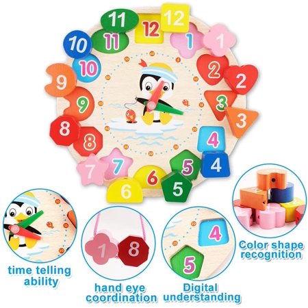 Homaful Wooden Shape Sorting Clock-Teaching Time Clock Shape Sorting Number Blocks, Early Learning Wooden Educational Toy for 1 2 3 Year Old Toddler Baby Kids(Multi-color)