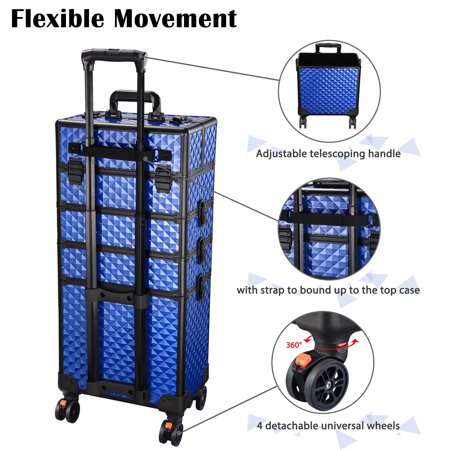 Byootique Classic Blue 4in1 Rolling Makeup Case on Wheels Cosmetic Storage Organizer Travel Train Case Divider, Blue
