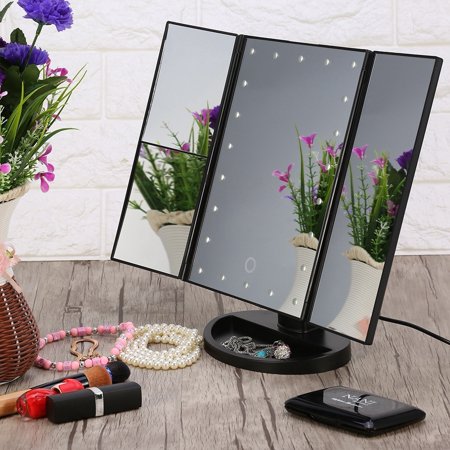 Makeup Vanity Mirror with Lights, 2X/3X Magnification, 21 Led Lighted Mirror with Touch Screen,180? Adjustable Rotation,Dual Power Supply,Portable Trifold MirrorWhite,