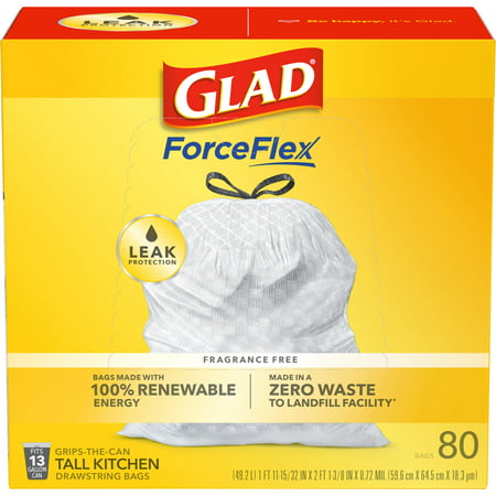 Glad ForceFlex Tall Kitchen Trash Bags, 13 Gallon, 80 Bags (Unscented)