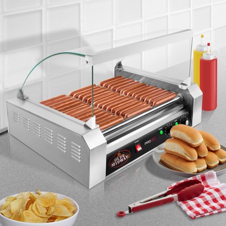 Olde Midway Electric 30 Hot Dog 11 Roller Grill Cooker Machine 1200-Watt With Cover - Commercial Grade
