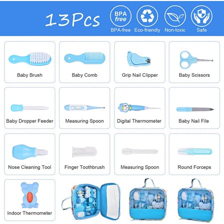 LNKOO Baby Grooming Healthcare Kit , Baby Care 13 In 1 Newborn Essentials Stuff Shower Gifts Nail Clippers Trimmer Products, Comb Brush, Thermometer, Dispenser, Nursery Care Kits for Newborn Boy GirlsBlue,