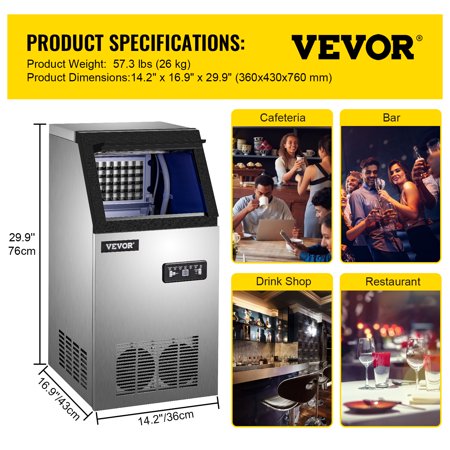 VEVOR 110V Commercial Ice Maker 120lbs/24h,Ice Machine with 22lbs Storage 5 x 9 Cubes Stainless Steel Auto Clean for Bar Home Supermarkets Includes Scoop and Connection Hose, 120lbs/24h