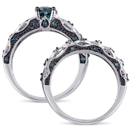 Miabella Women's 1 Carat T.W. Blue Diamond Filigree Vintage Bridal Set in 10kt White Gold, 5