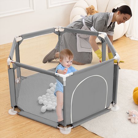 Baby Playpen,Kids Small Playard Indoor & Outdoor Kids Activity Center,Infant Safety Gates with Breathable Mesh,Sturdy Play Yard for Toddler,Children's Fences Packable & PortableGray,