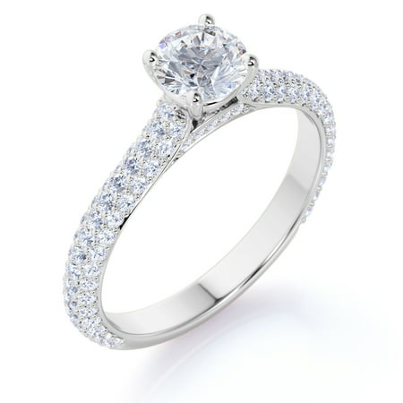 1 Carat - Real Round Brilliant Diamond - Micro Pave Set - Vintage Style Engagement Ring - 10K White Gold, White Gold, 7