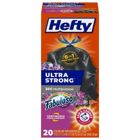 Hefty Ultra Strong Multipurpose Large Trash Bags, Black, Fabuloso Scent, 30 Gallon, 20 Count, 1 Pack