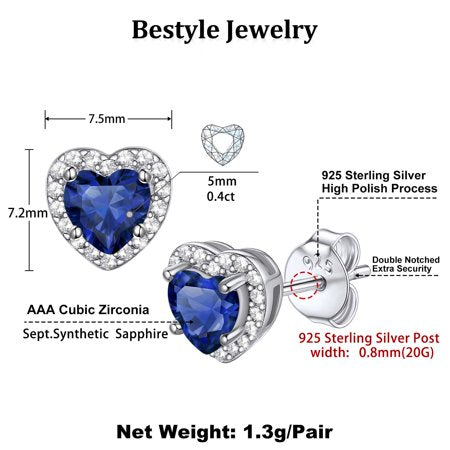 Bestyle Birthstone Stud Earrings for Women Girls, 925 Sterling Silver Heart Diamond Studs Earrings Birthday/Christmas Gifts - September