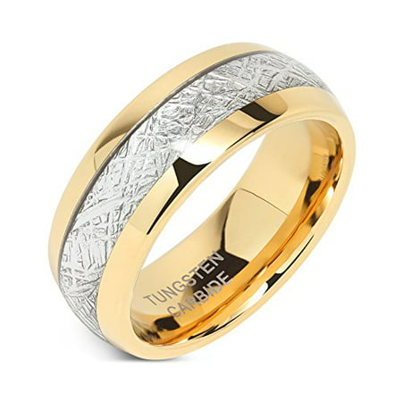 8mm Mens Tungsten Carbide Ring Meteorite Inlay 14k Gold Plated Jewelry Wedding Band, Size 5-16, 5.5