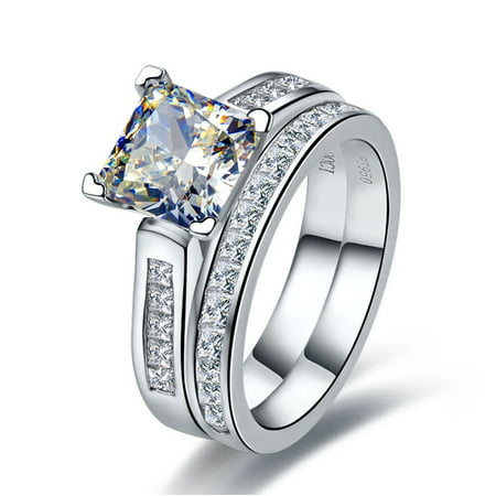 2 Carat Princess Cut Moissanite Wedding Set - Bridal Set - Engagement Ring - Channel Set Ring - Cluster Ring - 18k White Gold Over Silver, 8