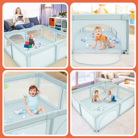 Costway Baby Playpen Infant Large Safety Play Center Yard w/ 50 Ocean Balls Blue, Blue