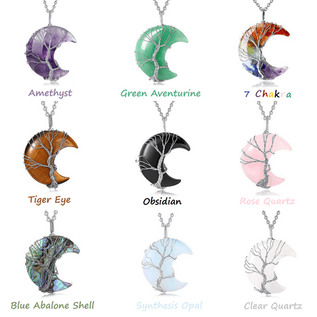 Tree Life Wire Wrapped Crescent Moon Stone Pendant Necklaces 14 Chakra Healing Crystal Necklace Natural Resin Reiki Spiritual Quartz Gemstone Jewelry for Women MenWhite,