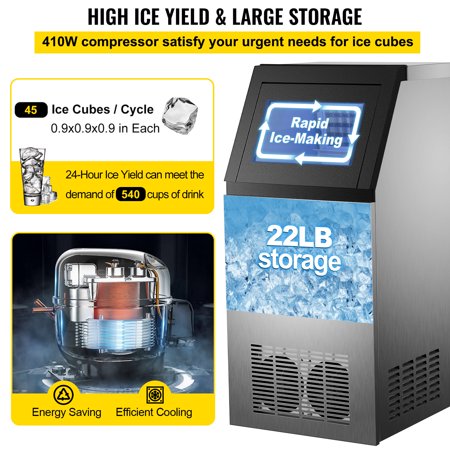 VEVOR 110V Commercial Ice Maker 120lbs/24h,Ice Machine with 22lbs Storage 5 x 9 Cubes Stainless Steel Auto Clean for Bar Home Supermarkets Includes Scoop and Connection Hose, 120lbs/24h