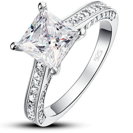 1.25 Carat Princess Cut Moissanite Engagement Ring - Bridal Set - Pave Ring - Promise Ring - 18k White Gold Over Silver, 7