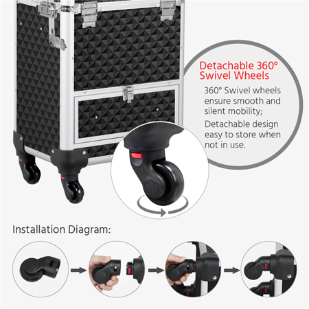 Topeakmart Rolling Aluminum Makeup Train Case Cosmetic Trolley with 4 Side Trays & 1 Slide-out Drawer, BlackBlack,