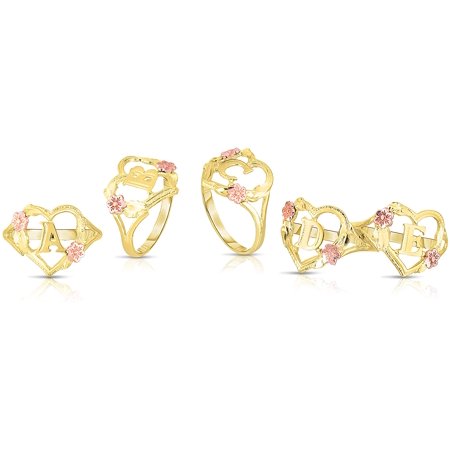 Floreo 10k Yellow Gold A-Z Letter Initial Ring with Heart and Rose Gold Flower Design, Sizes 4-9