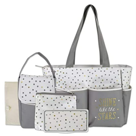 Baby Essential, Diaper Bag Tote 5 Piece Set with Sun, Moon, and Stars, Wipes Pocket, Dirty Diaper Pouch, Changing Pad - GreyGrey/Cream,