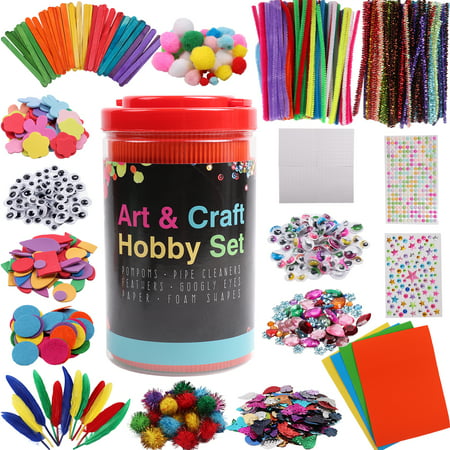Hiveseen Arts and Crafts Supplies, Craft Materials Kits for Kids Includes Pom poms, Pipe Cleaners, Popsicle Sticks, Feather, Sequins, Googly Eyes for Girls