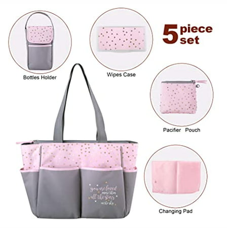 Baby Essential, Diaper Bag Tote 5 Piece Set with Sun, Moon, and Stars, Wipes Pocket, Dirty Diaper Pouch, Changing Pad - Grey/PinkPink,