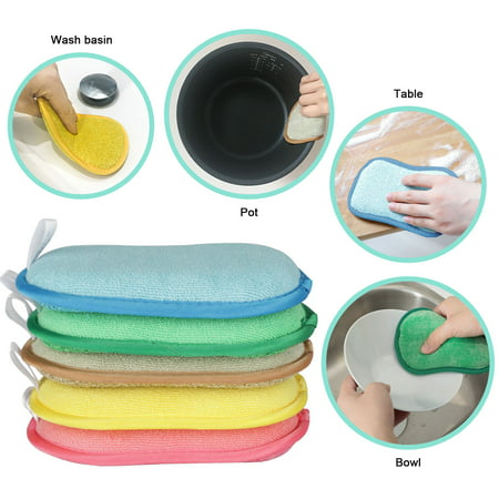 5/10Pcs Microfiber Kitchen Scrub Sponges, TSV Dual Action Reusable Scouring Pads, Non-Scratch Household Dishes Washing Cloth, Heavy Duty Scrubber for Kitchen Bathroom House Cleaning, Random Colors