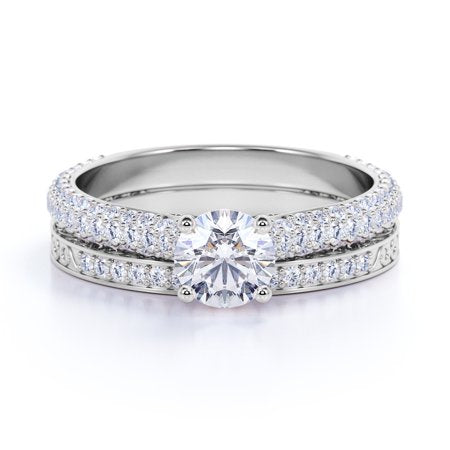 1.25 Carat Round Cut Moissanite Wedding Set - Bridal Set - Two Row Ring - Cluster Ring - 18k White Gold Over Silver, 7