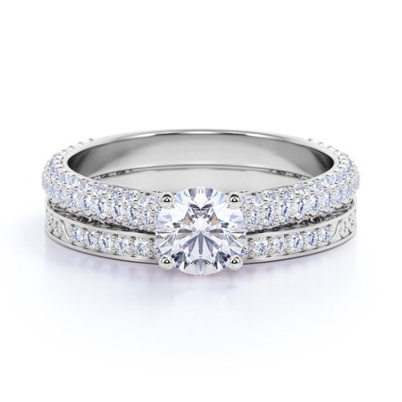 1.5 Carat Round Cut Moissanite Wedding Set - Bridal Set - Filigree Ring - Cluster Ring - 18k White Gold Over Silver, 7