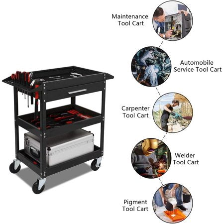 TUFFIOM 3 Tier Rolling Tool Cart with Drawer, 330 LBS Capacity Industrial Steel Service Utility Cart Tool Organizer, Black