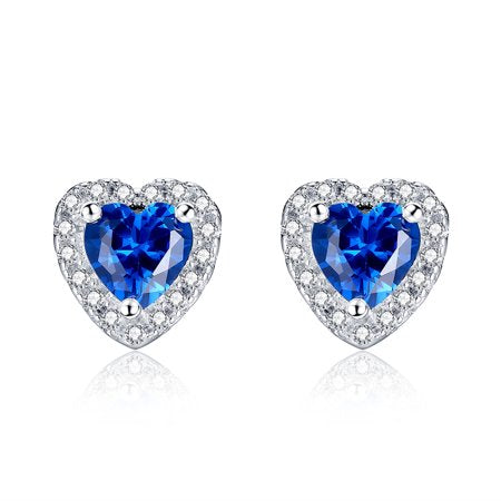 Devuggo 925 Sterling Silver Heart Pendant Necklace Simulated Blue Sapphire Stud Earrings Jewelry Set for Women
