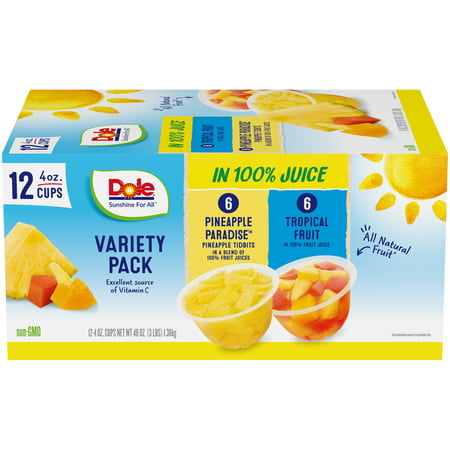 Dole Fruit Bowls Variety Pack Tropical Fruit and Pineapple Tidbits in 100% Fruit Juice, 4 Oz Bowls, 12 Cups of Fruit