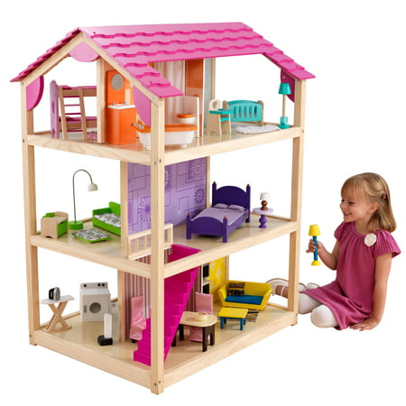 KidKraft So Chic Wood Dollhouse, Almost 4' Tall with Wheels & 46 Pieces, Assembly Required