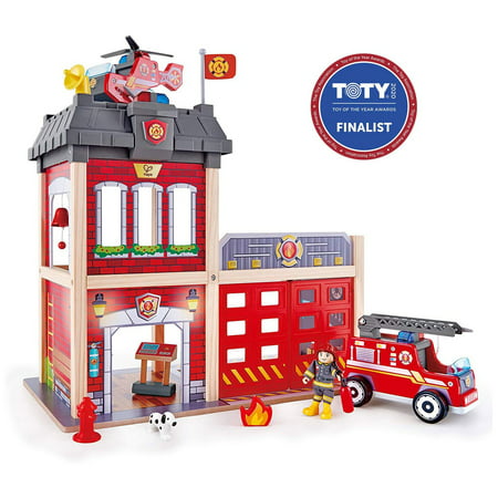 Hape Wooden Kid's Tri-Level City Fire Station Dollhouse Playset, Ages 3 and up