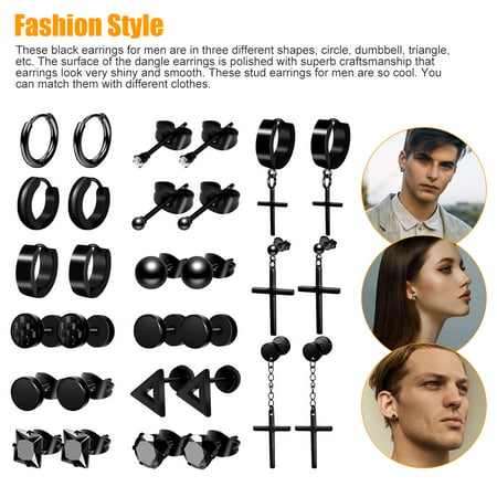 15 Pairs Stainless Steel Earrings, TSV Black Stud Earrings, Hoop Dangle Earrings, Cool Dangle Stud Earring Piercing Set for Men Women, Jewelry Piercing Hoop Earrings Set