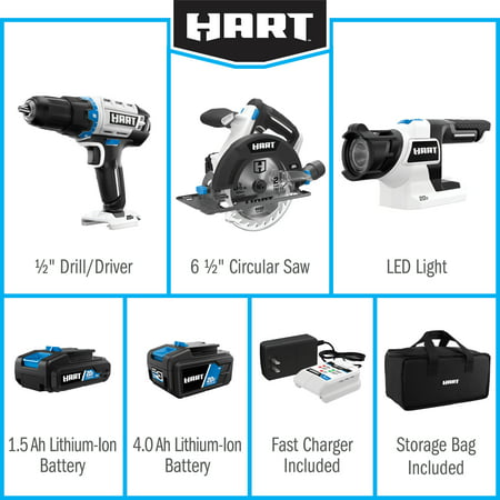 HART 3-Tool 20-Volt Cordless Combo Kit with and 16-inch Storage Bag, (1) 20-Volt 1.5Ah (1) 20-Volt 4.0Ah Lithium-Ion Batteries