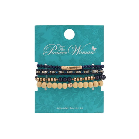 The Pioneer Woman Blue and Gold Beaded Adjustable Bracelet Set, 4 Pack