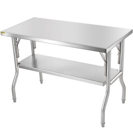VEVOR Commercial Work Table Workstation 48 x 24 Inches Folding Commercial Prep Table, Heavy-Duty Stainless-Steel Folding Table with 772 lbs Load, Silver Stainless-Steel Kitchen Island, 24 x 48